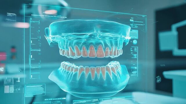 A detailed digital representation of a human jaw highlights teeth and gums in a contemporary dental office environment