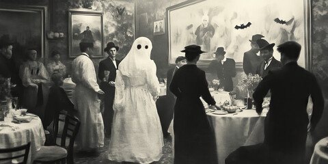 A vintage Halloween party scene with guests dressed in costumes from the early 1900s, featuring black and white photography.