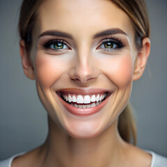 A portrait of a smiling woman with flawless skin and perfect white teeth, radiating confidence and happiness.