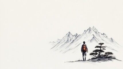 A lone traveler walking through the Japanese mountains, depicted in detailed Chinese ink drawing and handmade watercolor effects
