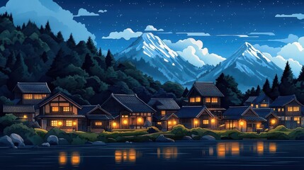 Obraz premium A peaceful Japanese mountain village at dusk, with glowing lanterns, painted with detailed Chinese ink and watercolor techniques