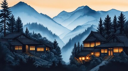 Fototapeta premium A peaceful Japanese mountain village at dusk, with glowing lanterns, painted with detailed Chinese ink and watercolor techniques