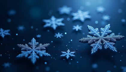 Fototapeta premium Intricate snowflakes with a shimmering effect on a dark blue background, perfect for winter-themed designs