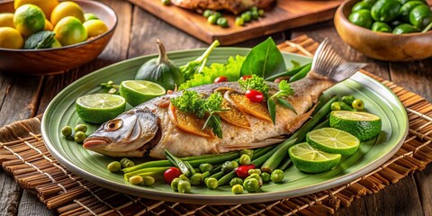 Traditional Papeda Dish Served with Fish and Green Vegetables on a Plate for Authentic Cuisine Experience