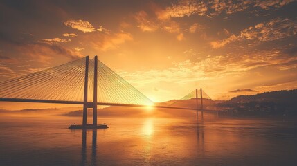 Obraz premium Captivating sunset view of a bridge over calm waters, showcasing vibrant colors and serene atmosphere.
