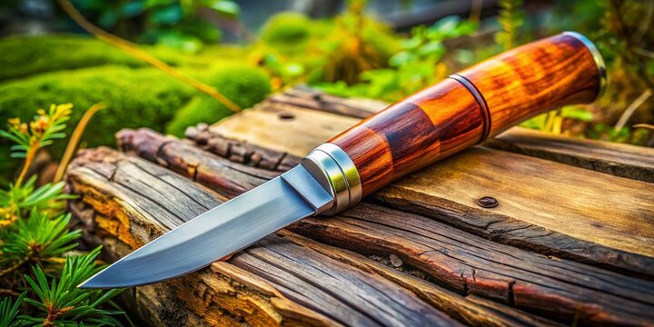 Traditional Puukko Knife With Wooden Handle Resting on Natural Wood Background in Outdoor Setting