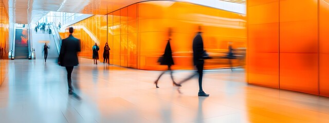 A blurry photograph of people walking in an office building with glass walls and an orange interior design, creating light-filled rooms