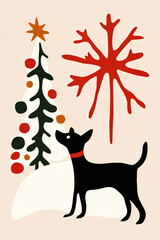 A playful black dog gazes at a decorated Christmas tree and festive snowflakes in a cozy winter setting