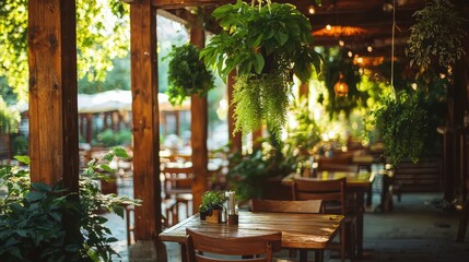 Fototapeta premium Charming restaurant interior with lush greenery, warm wooden decor, and cozy seating, perfect for relaxed dining experiences.