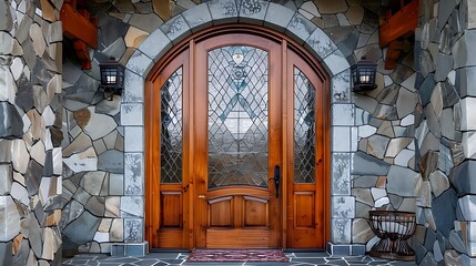 Arched wooden front door with stained glass window and wrought iron accents
