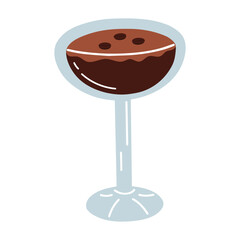 Cartoon espresso martini isolated on white background. Vector illustration of trendy aperitif cocktail. Hand drawn alcohol drink with coffee beans.