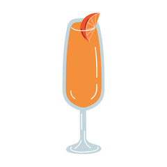 Cartoon mimosa cocktail isolated on white background. Vector illustration of orange juice in champagne glass.