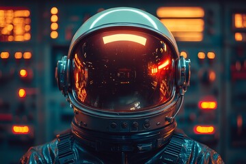 Astronaut in space suit with helmet reflection and futuristic control panel