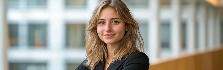 Naklejka premium A female executive smiles with arms crossed during a collaborative meeting indoors