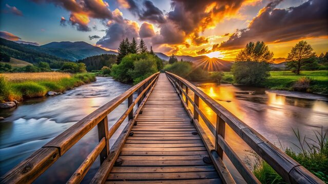 Traditional wooden pinguela bridge crossing a river in a picturesque landscape during sunset
