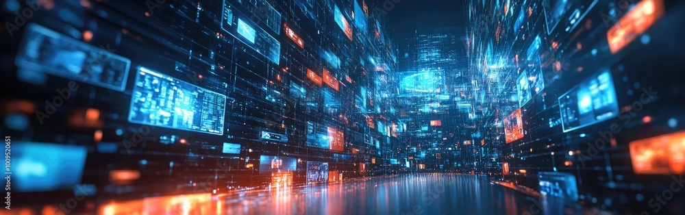 Poster a vibrant digital display showcases diverse multimedia content in a busy tech environment