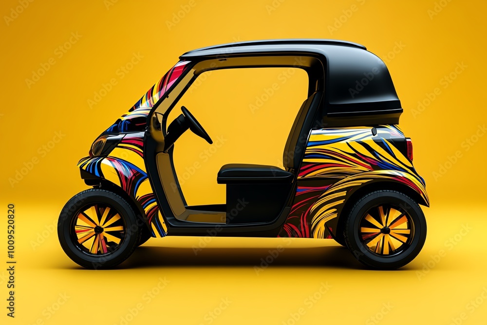 Poster Abstract minimalist design of a Tuk Tuk, blending sharp geometric forms with vivid colors to capture the essence of the iconic three-wheeled vehicle.