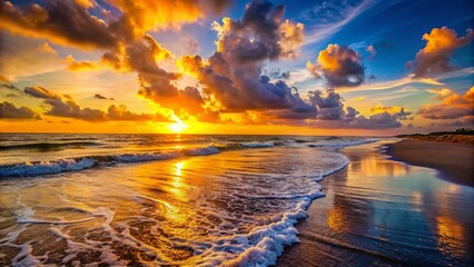 Tranquil Cocoa Beach Florida Sunset Over the Ocean with Soft Waves and Golden Sandy Shoreline