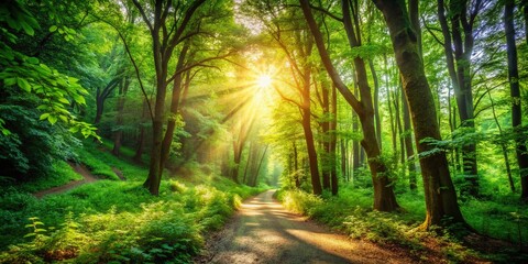 Obraz premium Tranquil Forest Pathway Surrounded by Lush Green Trees and Sunlight Filtering Through Leaves