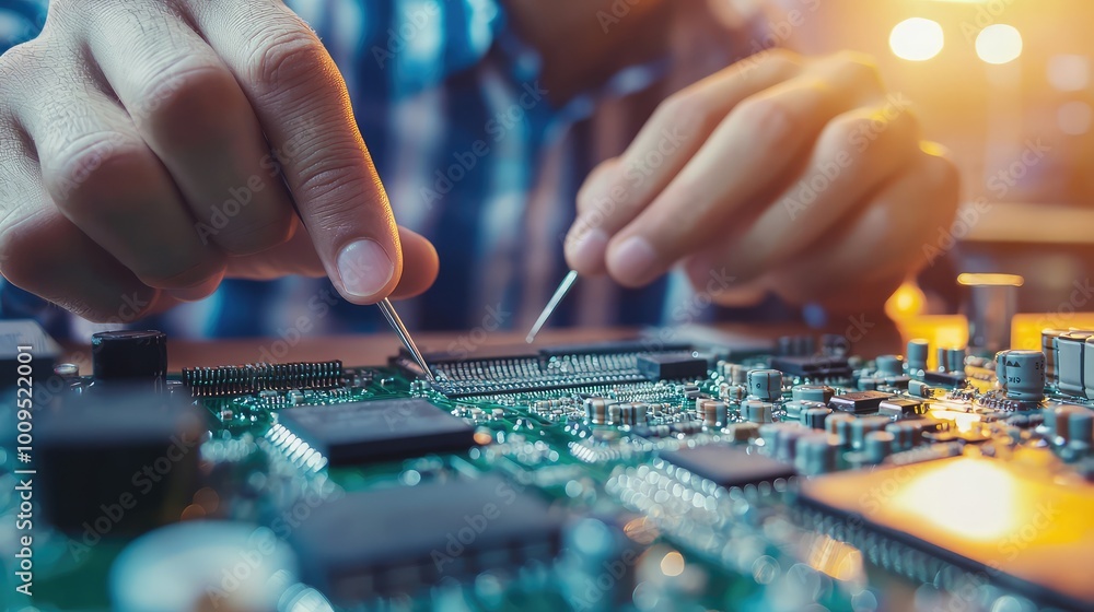 Poster close-up of hands working on a circuit board, showcasing precision in electronics assembly and techn