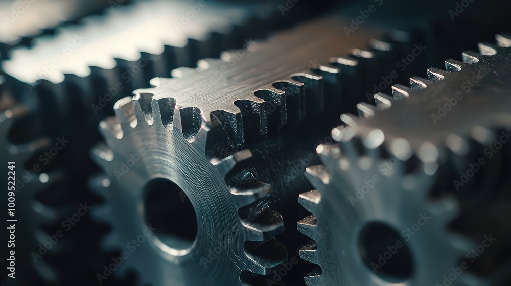 Poster close-up of metallic gears showcasing intricate details and textures in a mechanical setting, ideal 