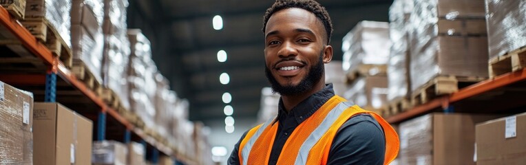The warehouse manager confidently smiles while overseeing daily operations in the facility