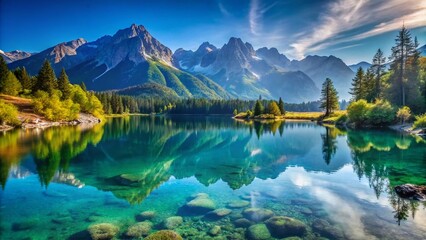 Tranquil Landscape of a Serene Lake Surrounded by Majestic Mountains Under a Clear Blue Sky