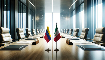 A modern conference room with Venezuela and Mexico flags on a long table, symbolizing a bilateral meeting or diplomatic discussions between the two nations.