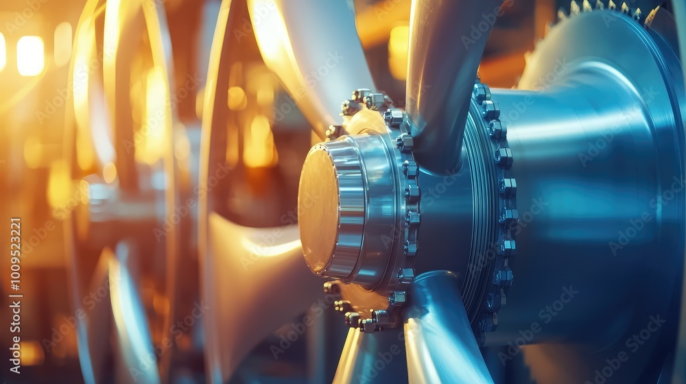 Aufkleber close-up view of a metallic turbine engine component showcasing intricate detail and smooth surfaces