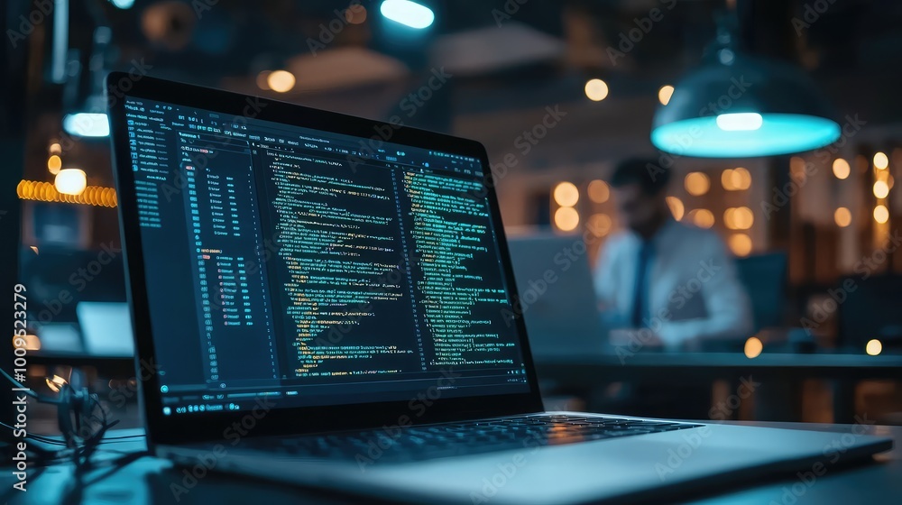 Poster close-up view of a laptop screen displaying code, with a focused professional in a modern workspace.