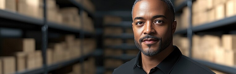 A warehouse manager smiles as he scans boxes between the racks in the storage area
