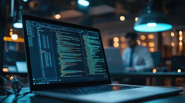 Close-up view of a laptop screen displaying code, with a focused professional in a modern workspace. Ideal for tech and development themes.