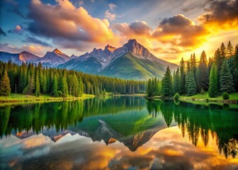 Obraz premium Tranquil Mountain Landscape at Sunrise with Reflective Lake and Lush Green Forest in the Foreground