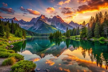 Obraz premium Tranquil Mountain Landscape at Sunrise with Vibrant Colors and Reflective Lake Surface in Nature