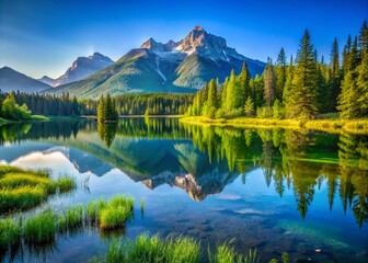 Tranquil Mountain Landscape with Lush Greenery and Clear Blue Sky Reflected in Serene Lake Water