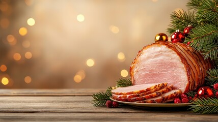 Sliced ham with festive decorations, perfect for holiday celebrations.