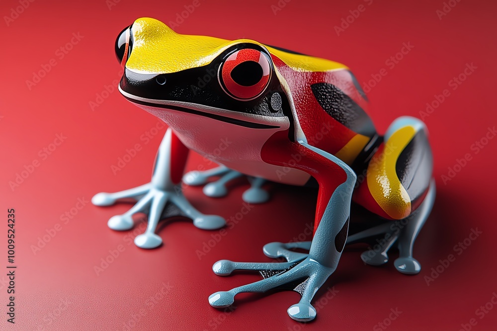 Poster Abstract minimalist design of a colorful frog, blending sharp geometric forms with bright colors to capture the essence of a poison dart frog.