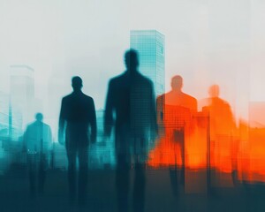 Fototapeta premium abstract composition of blurred human silhouettes in modern openplan office space conveying busy collaborative atmosphere