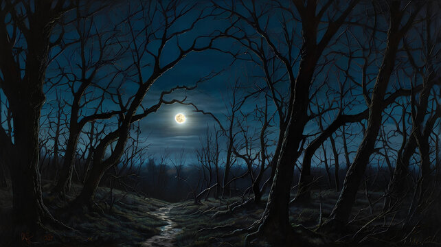 halloween night sky, full moon with haunted forest - gen ai