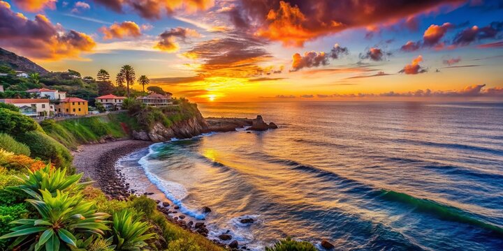 Tranquil Oceanside Doca with Vibrant Sunset Reflections on Calm Waters and Lush Coastal Landscape