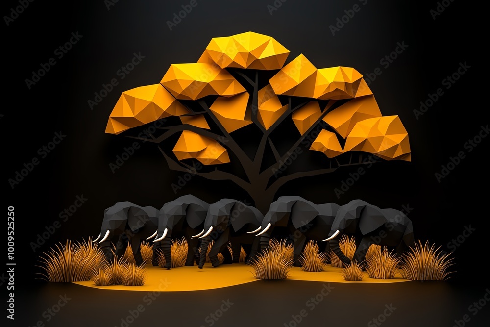 Aufkleber abstract minimalist design of a herd of elephants walking through a savannah, with geometric shapes 