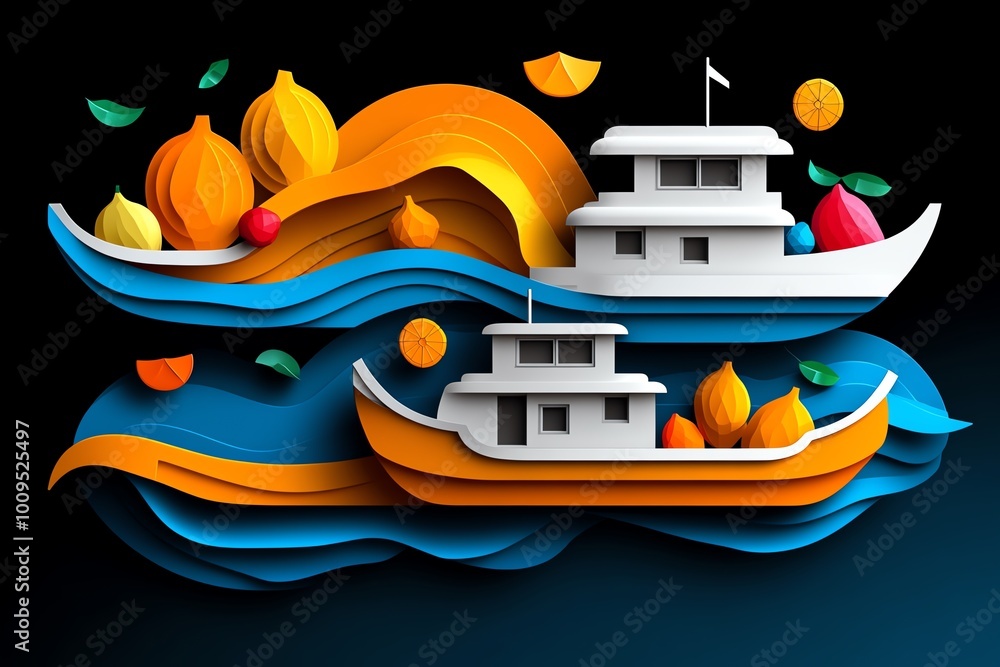 Poster abstract minimalist design of boats at the floating market, where geometric fruit shapes and clean l