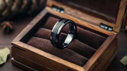 Black tungsten ring with a carbon fiber inlay in a wooden box