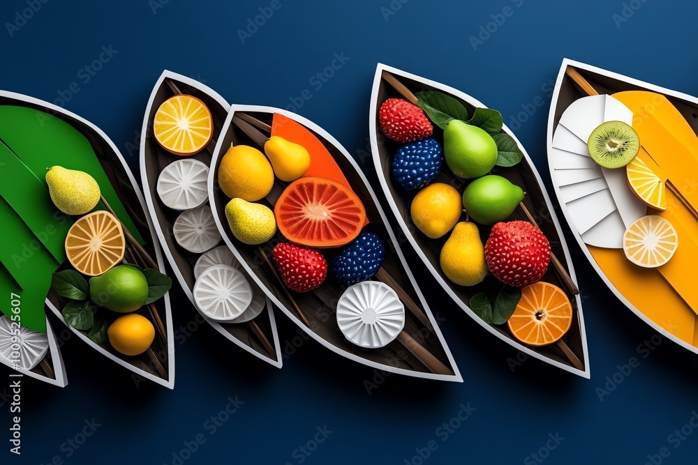 Poster abstract minimalist design of boats at the floating market, where geometric fruit shapes and clean l
