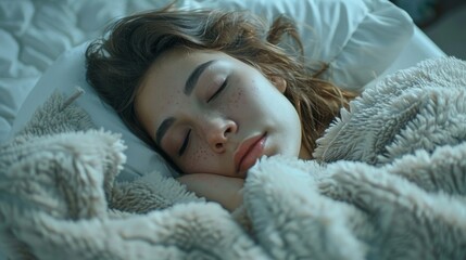 Obraz premium A woman is sleeping in a bed with a fuzzy blanket