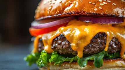 Delicious cheeseburger stacked with fresh ingredients, featuring melted cheese, lettuce, tomato, and a sesame seed bun.