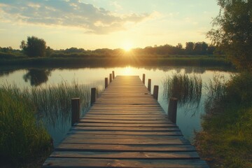 Fototapeta premium Beautiful Wooden Pathway Leading to a Serene Sunset