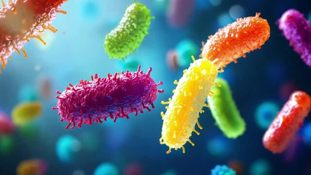 Vibrant bacteria of various shapes and colors are moving in a dynamic microscopic environment, showcasing microbial diversity