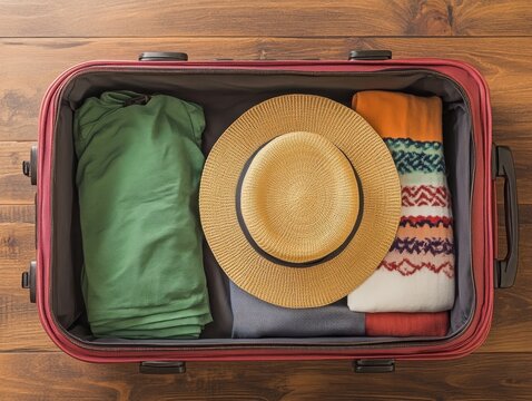 Open suitcase with hat, top-down perspective, travel packing concept