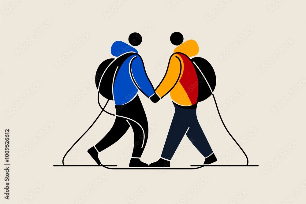 Poster Abstract minimalist design of two figures parting ways, with geometric shapes and soft colors representing the emotional distance created by goodbye